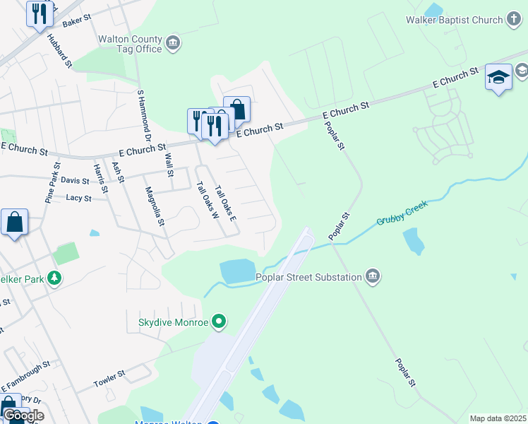 map of restaurants, bars, coffee shops, grocery stores, and more near 1221 Sporty Lane in Monroe