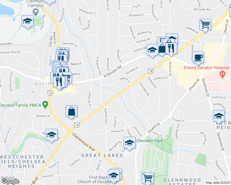 map of restaurants, bars, coffee shops, grocery stores, and more near 1208 U.S. 29 in Decatur