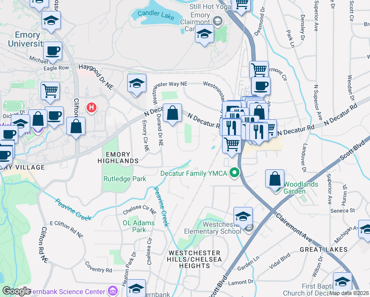 map of restaurants, bars, coffee shops, grocery stores, and more near 460 Princeton Way Northeast in Atlanta
