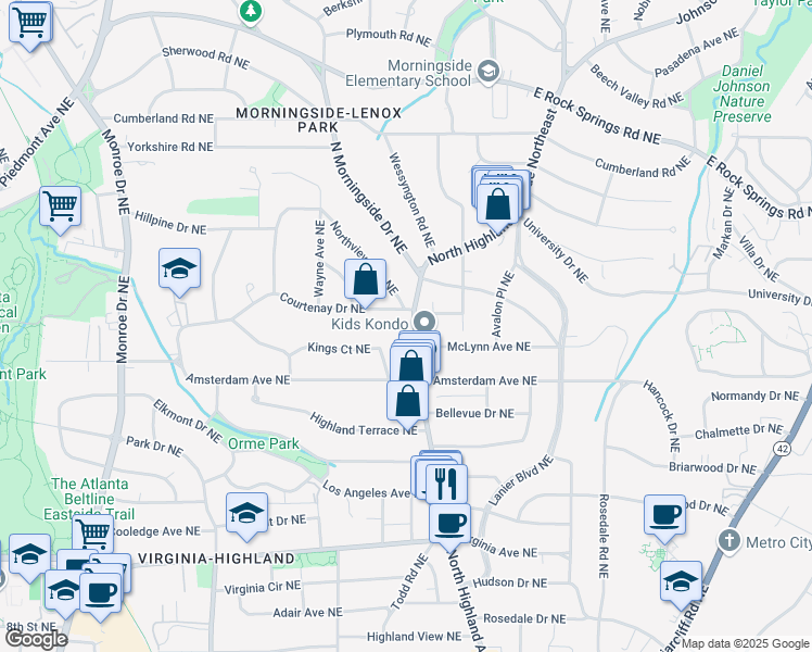 map of restaurants, bars, coffee shops, grocery stores, and more near 1272 North Highland Avenue Northeast in Atlanta