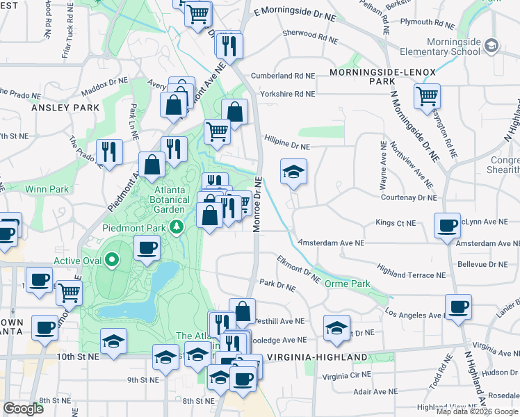 map of restaurants, bars, coffee shops, grocery stores, and more near 1269 Monroe Drive Northeast in Atlanta