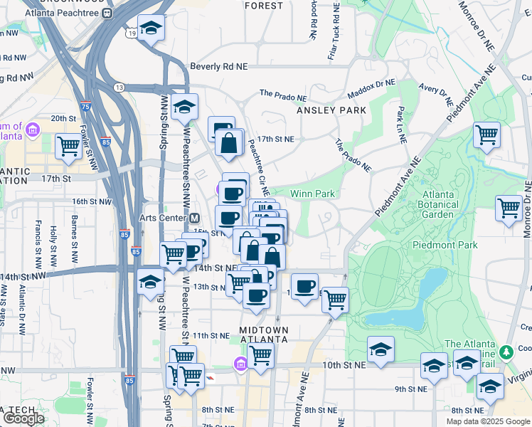 map of restaurants, bars, coffee shops, grocery stores, and more near 3 Peachtree Circle Northeast in Atlanta
