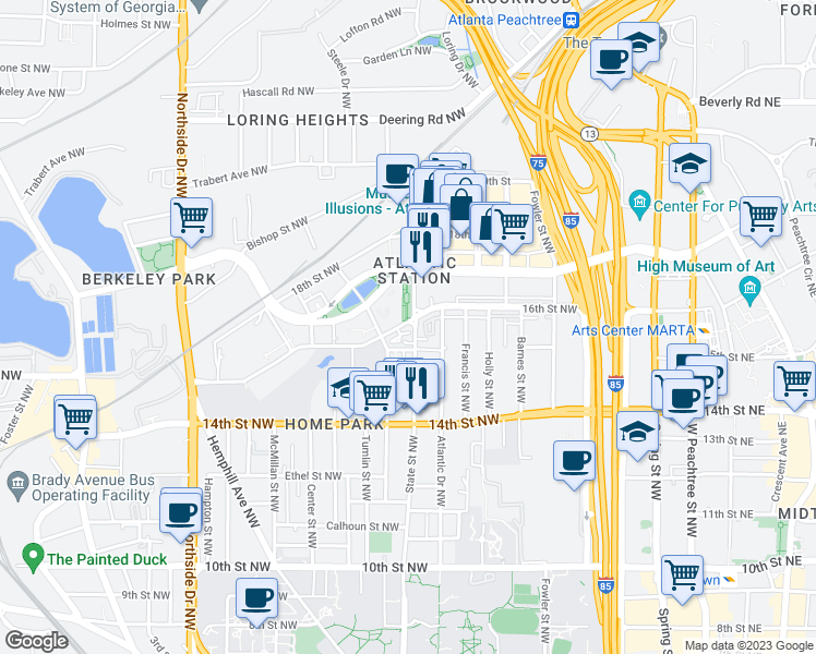 map of restaurants, bars, coffee shops, grocery stores, and more near 1254 State Street Northwest in Atlanta