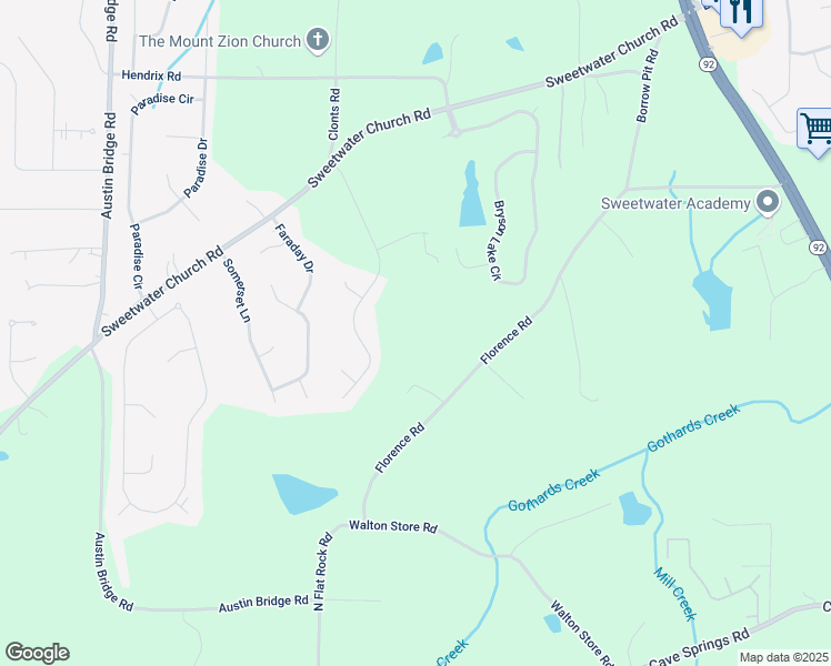 map of restaurants, bars, coffee shops, grocery stores, and more near 922 Florence Road in Douglasville