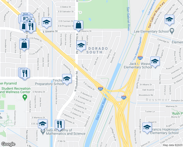 map of restaurants, bars, coffee shops, grocery stores, and more near Lees Avenue in Long Beach