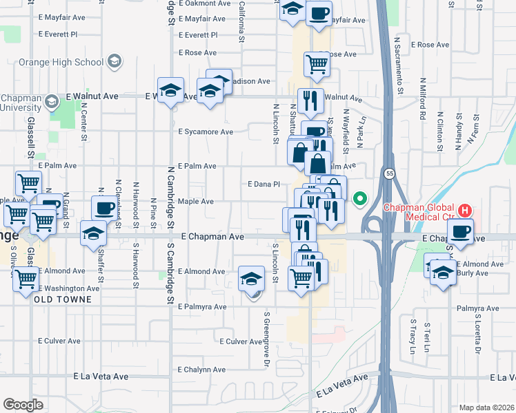 map of restaurants, bars, coffee shops, grocery stores, and more near 1423 East Lael Drive in Orange