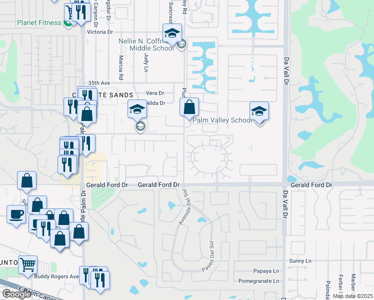 map of restaurants, bars, coffee shops, grocery stores, and more near 69520 Huerta Court in Rancho Mirage