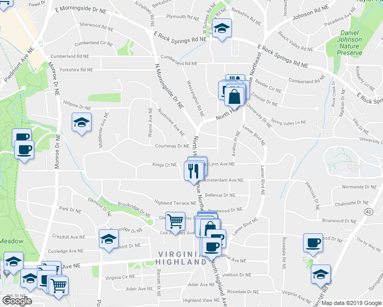 map of restaurants, bars, coffee shops, grocery stores, and more near 1272 North Highland Avenue Northeast in Atlanta