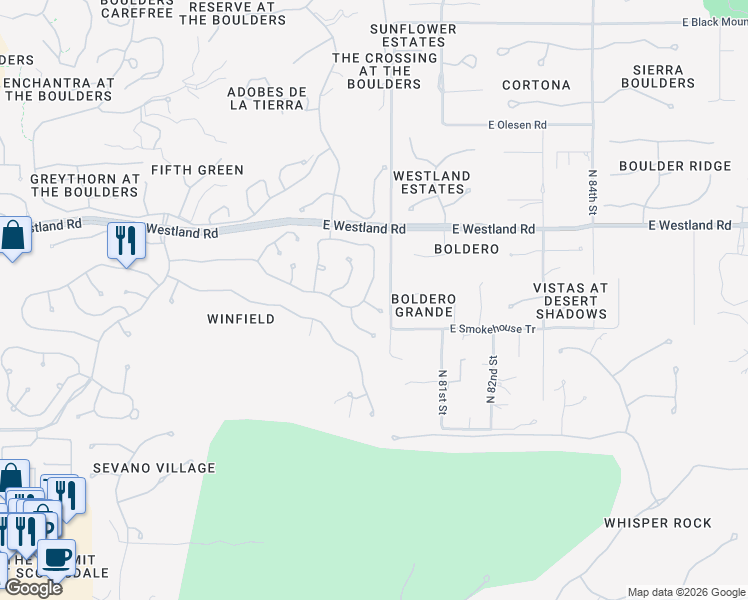map of restaurants, bars, coffee shops, grocery stores, and more near 7970 East Crested Saguaro Lane in Scottsdale