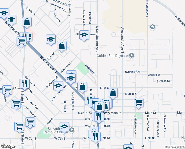 map of restaurants, bars, coffee shops, grocery stores, and more near 132 Idyllwild Drive in San Jacinto
