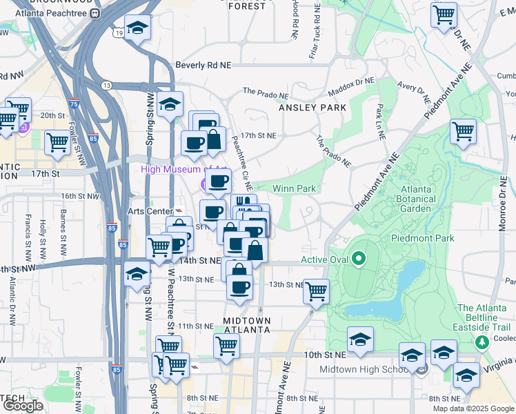 map of restaurants, bars, coffee shops, grocery stores, and more near 3 Peachtree Circle Northeast in Atlanta