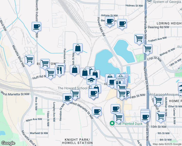 map of restaurants, bars, coffee shops, grocery stores, and more near 903 Huff Road Northwest in Atlanta
