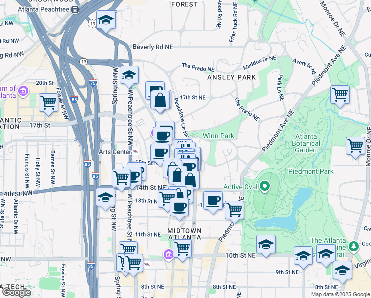 map of restaurants, bars, coffee shops, grocery stores, and more near 18 Peachtree Circle Northeast in Atlanta