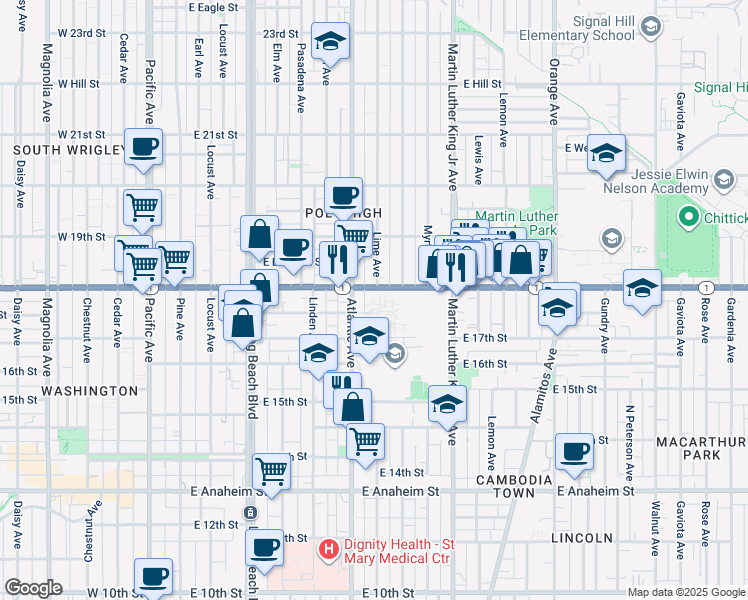 map of restaurants, bars, coffee shops, grocery stores, and more near 630 East Pacific Coast Highway in Long Beach