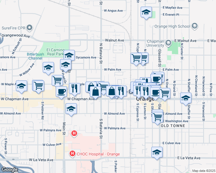 map of restaurants, bars, coffee shops, grocery stores, and more near 744 West Maple Avenue in Orange