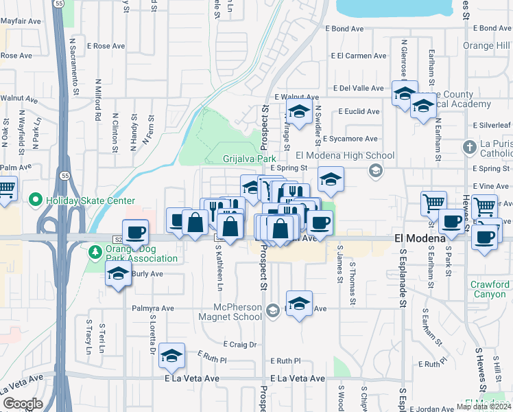 map of restaurants, bars, coffee shops, grocery stores, and more near 184 North Prospect Street in Orange