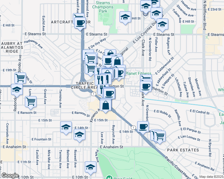 map of restaurants, bars, coffee shops, grocery stores, and more near 1770 Ximeno Avenue in Long Beach