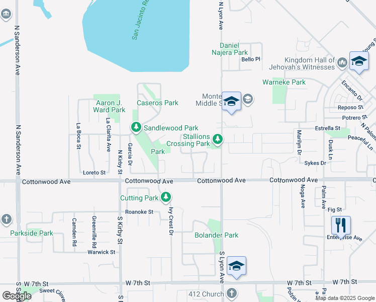 map of restaurants, bars, coffee shops, grocery stores, and more near 212 Lipizzan Drive in San Jacinto