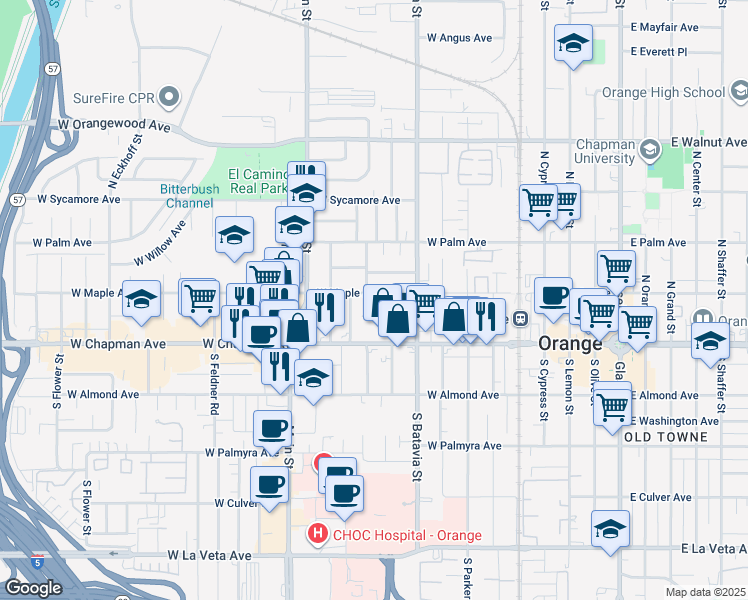 map of restaurants, bars, coffee shops, grocery stores, and more near 1034 West Maple Avenue in Orange