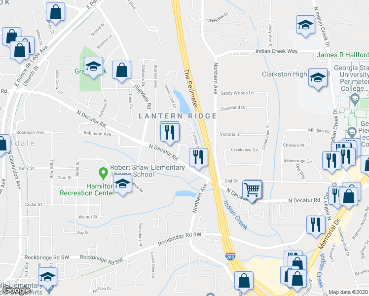map of restaurants, bars, coffee shops, grocery stores, and more near 3631 Lantern Crest Cove in Scottdale