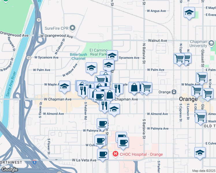 map of restaurants, bars, coffee shops, grocery stores, and more near 1407 North Main Street in Orange