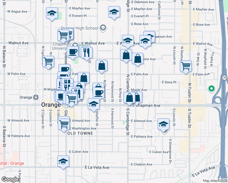 map of restaurants, bars, coffee shops, grocery stores, and more near 704 East Maple Avenue in Orange