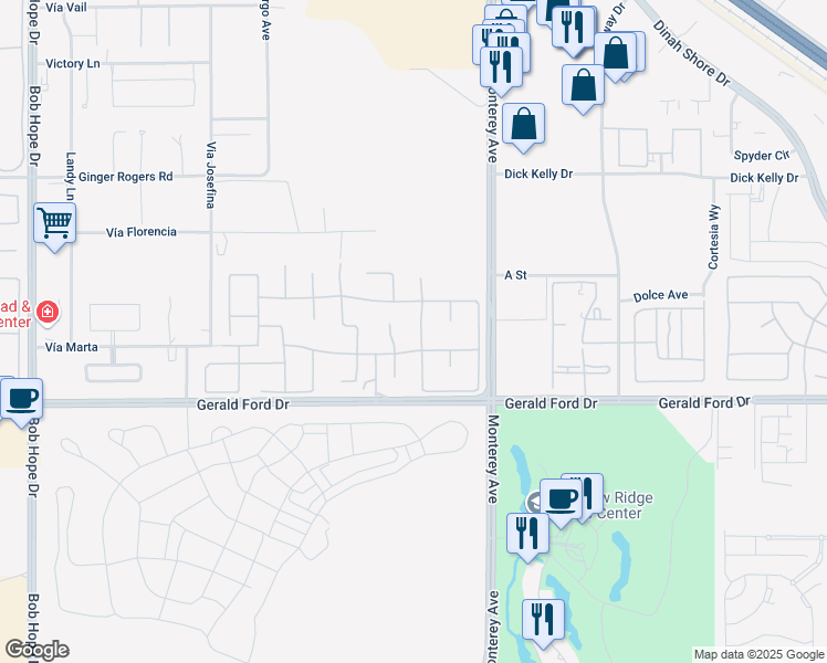 map of restaurants, bars, coffee shops, grocery stores, and more near 11 Orleans Road in Rancho Mirage