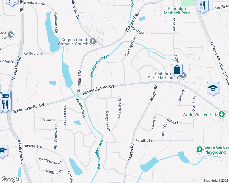 map of restaurants, bars, coffee shops, grocery stores, and more near 284 Colchester Drive in Stone Mountain