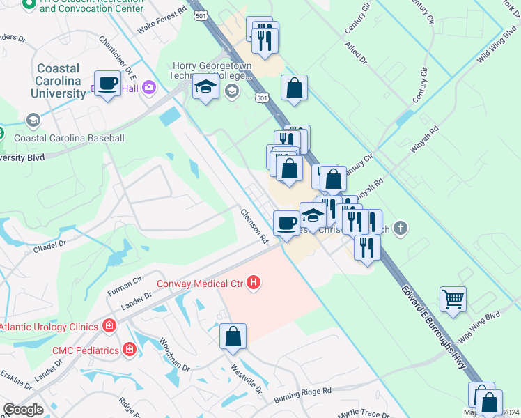 map of restaurants, bars, coffee shops, grocery stores, and more near 2251 Technology Boulevard in Conway