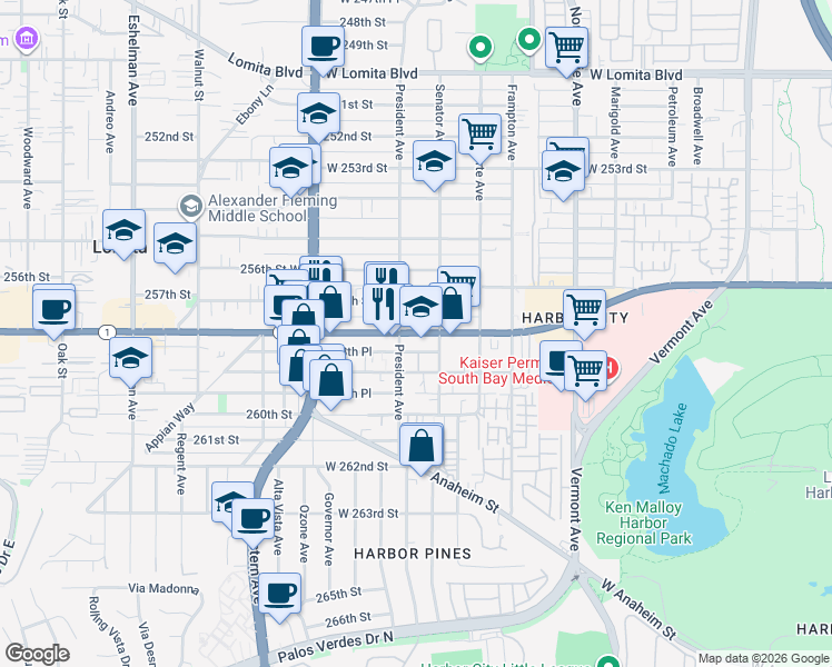 map of restaurants, bars, coffee shops, grocery stores, and more near 1521 West Pacific Coast Highway in Los Angeles