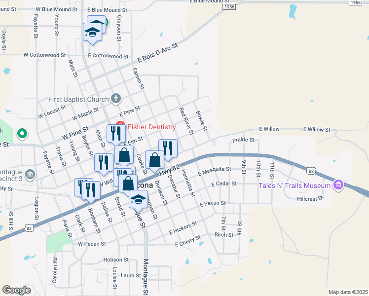 map of restaurants, bars, coffee shops, grocery stores, and more near 501 East Willow Street in Nocona
