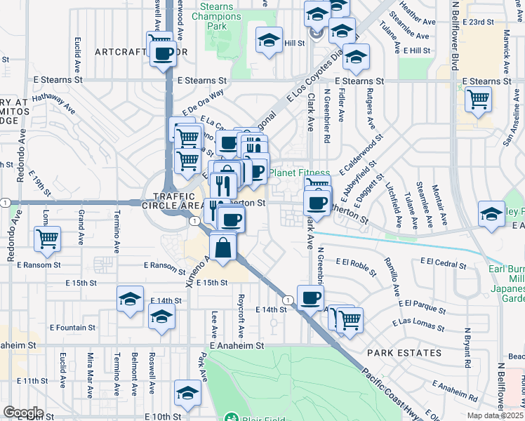 map of restaurants, bars, coffee shops, grocery stores, and more near 1761 Park Avenue in Long Beach