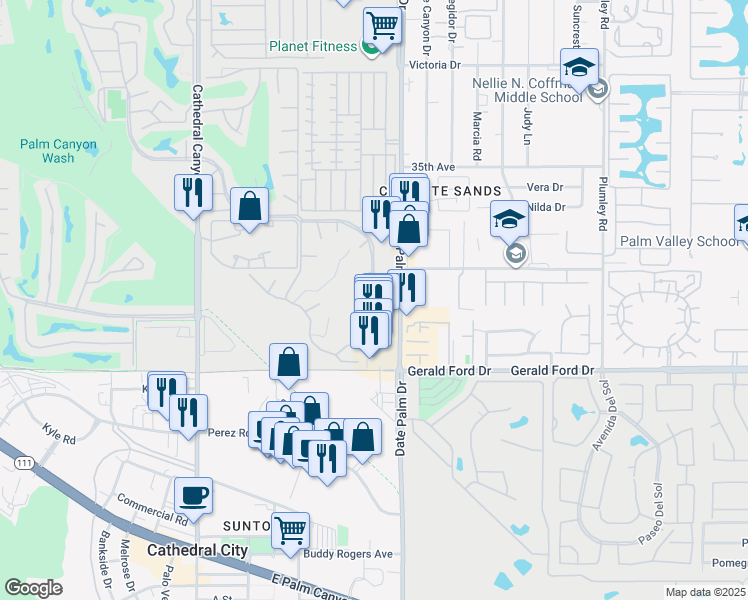 map of restaurants, bars, coffee shops, grocery stores, and more near 68970 Calle Montoro in Cathedral City