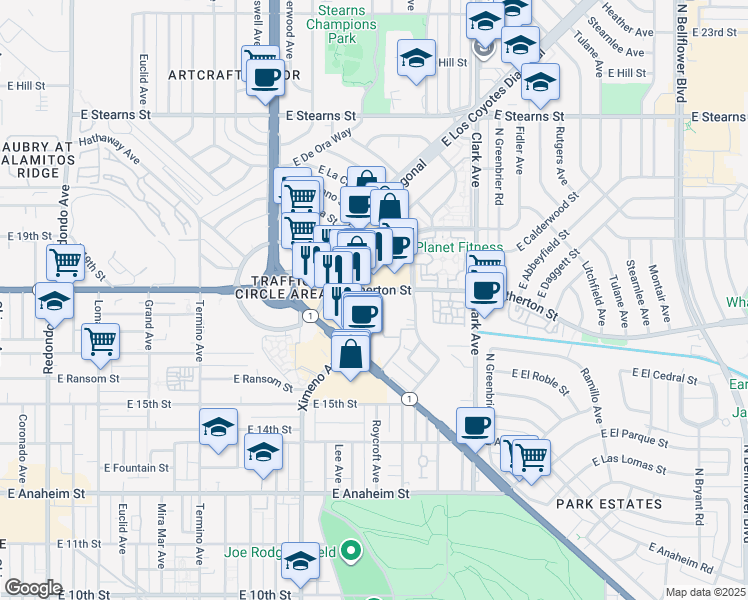 map of restaurants, bars, coffee shops, grocery stores, and more near 1770 Ximeno Avenue in Long Beach