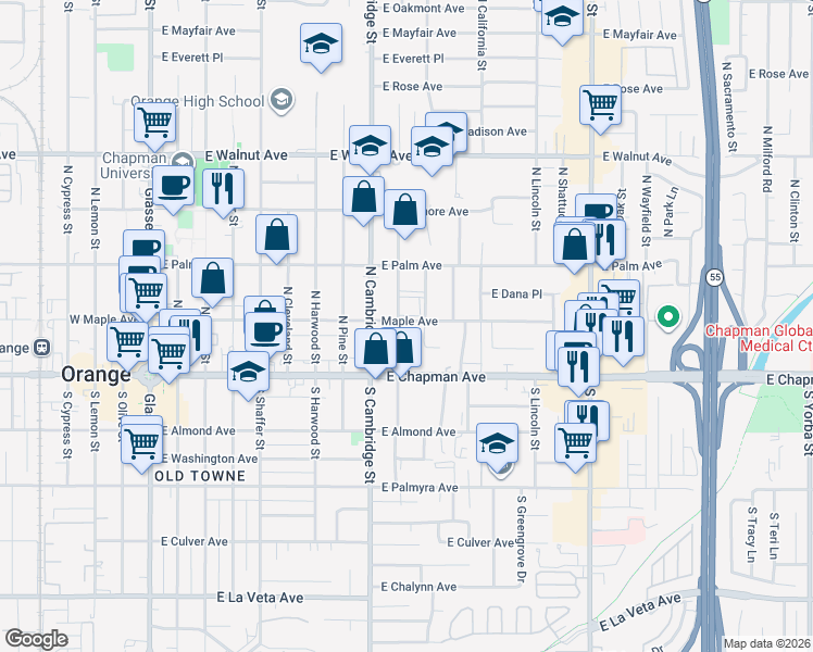 map of restaurants, bars, coffee shops, grocery stores, and more near 189 North Waverly Street in Orange