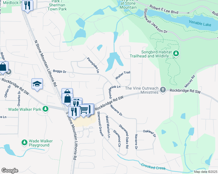 map of restaurants, bars, coffee shops, grocery stores, and more near 475 Pennybrook Lane in Stone Mountain