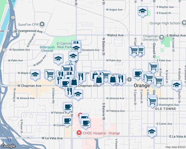 map of restaurants, bars, coffee shops, grocery stores, and more near 1034 West Maple Avenue in Orange