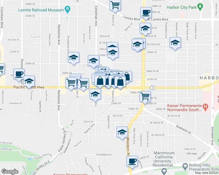 map of restaurants, bars, coffee shops, grocery stores, and more near 1914 Pacific Coast Highway in Lomita