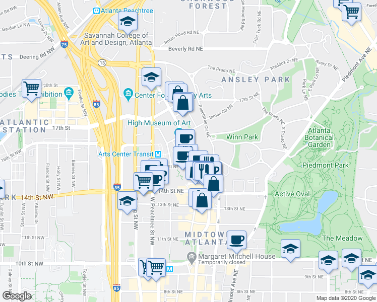 map of restaurants, bars, coffee shops, grocery stores, and more near 1280 Peachtree Street Northeast in Atlanta