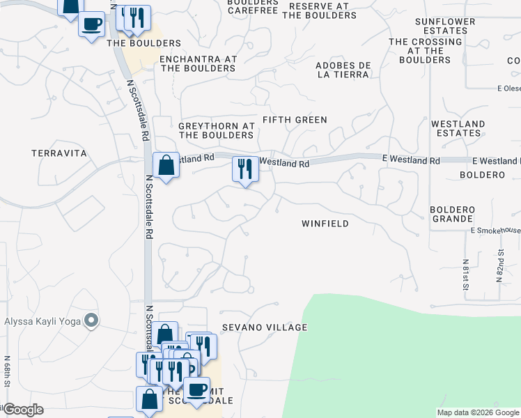 map of restaurants, bars, coffee shops, grocery stores, and more near 7970 East Crescent Saguaro Lane in Scottsdale