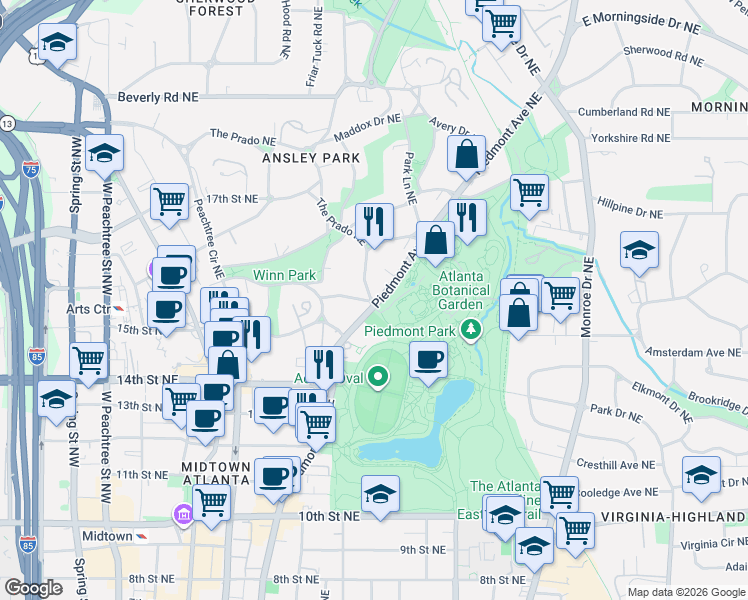 map of restaurants, bars, coffee shops, grocery stores, and more near in Atlanta