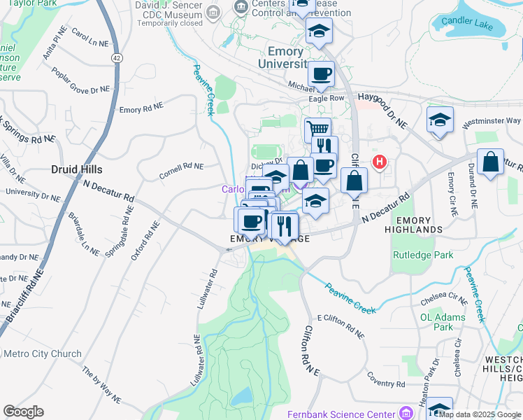 map of restaurants, bars, coffee shops, grocery stores, and more near 201 Dowman Drive in Atlanta