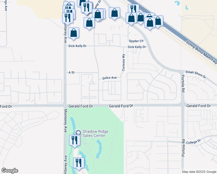 map of restaurants, bars, coffee shops, grocery stores, and more near Sereno Lane in Palm Desert