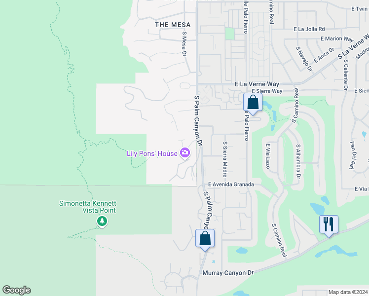 map of restaurants, bars, coffee shops, grocery stores, and more near 2340 Cantina Way in Palm Springs
