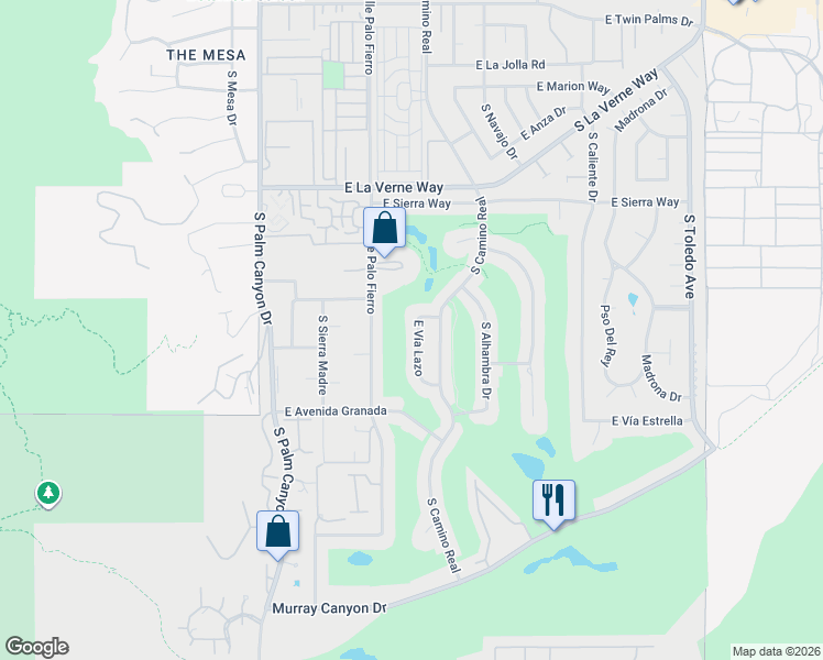 map of restaurants, bars, coffee shops, grocery stores, and more near 2383 South Via Lazo in Palm Springs
