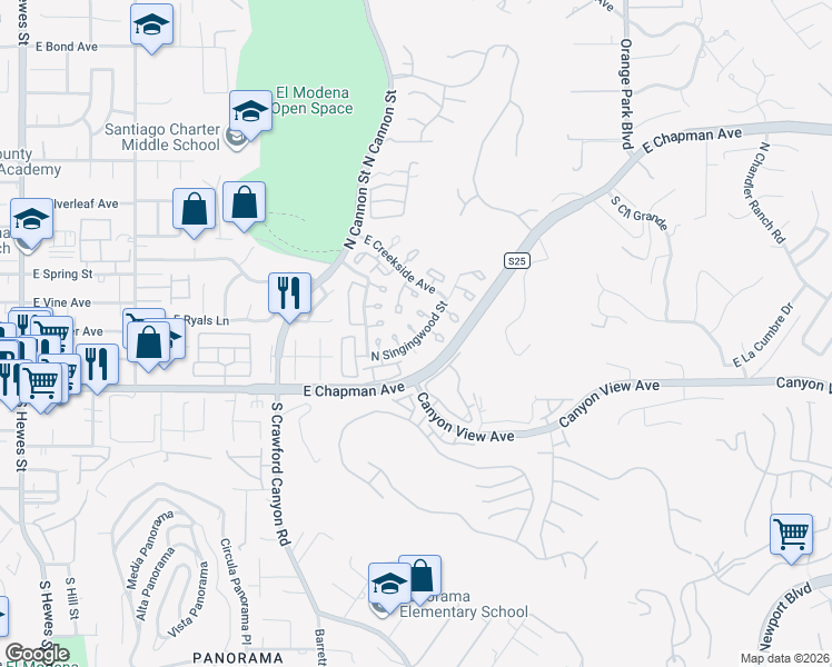 map of restaurants, bars, coffee shops, grocery stores, and more near 177 North Singingwood Street in Orange
