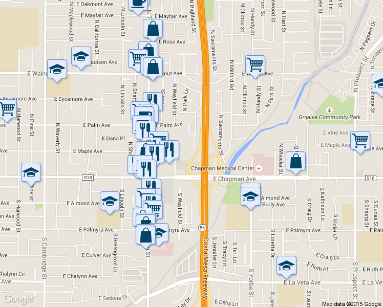 map of restaurants, bars, coffee shops, grocery stores, and more near 157 North Wayfield Street in Orange