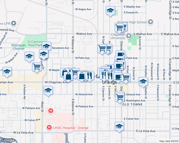 map of restaurants, bars, coffee shops, grocery stores, and more near 161 North Parker Street in Orange