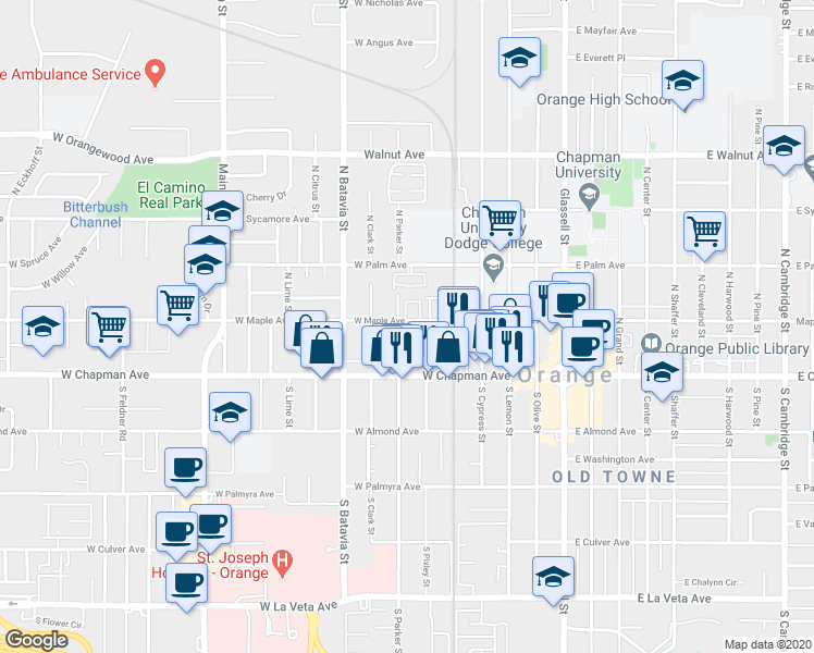 map of restaurants, bars, coffee shops, grocery stores, and more near 161 North Parker Street in Orange