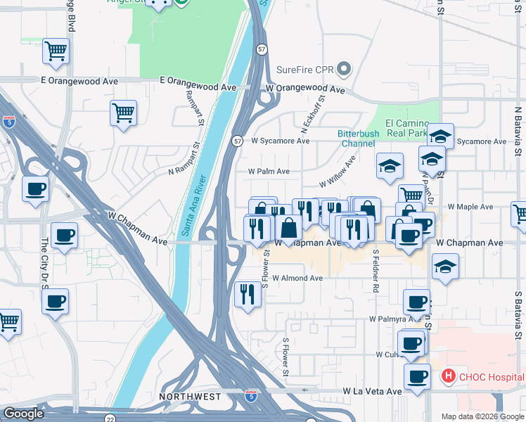 map of restaurants, bars, coffee shops, grocery stores, and more near 164 North Flower Street in Orange